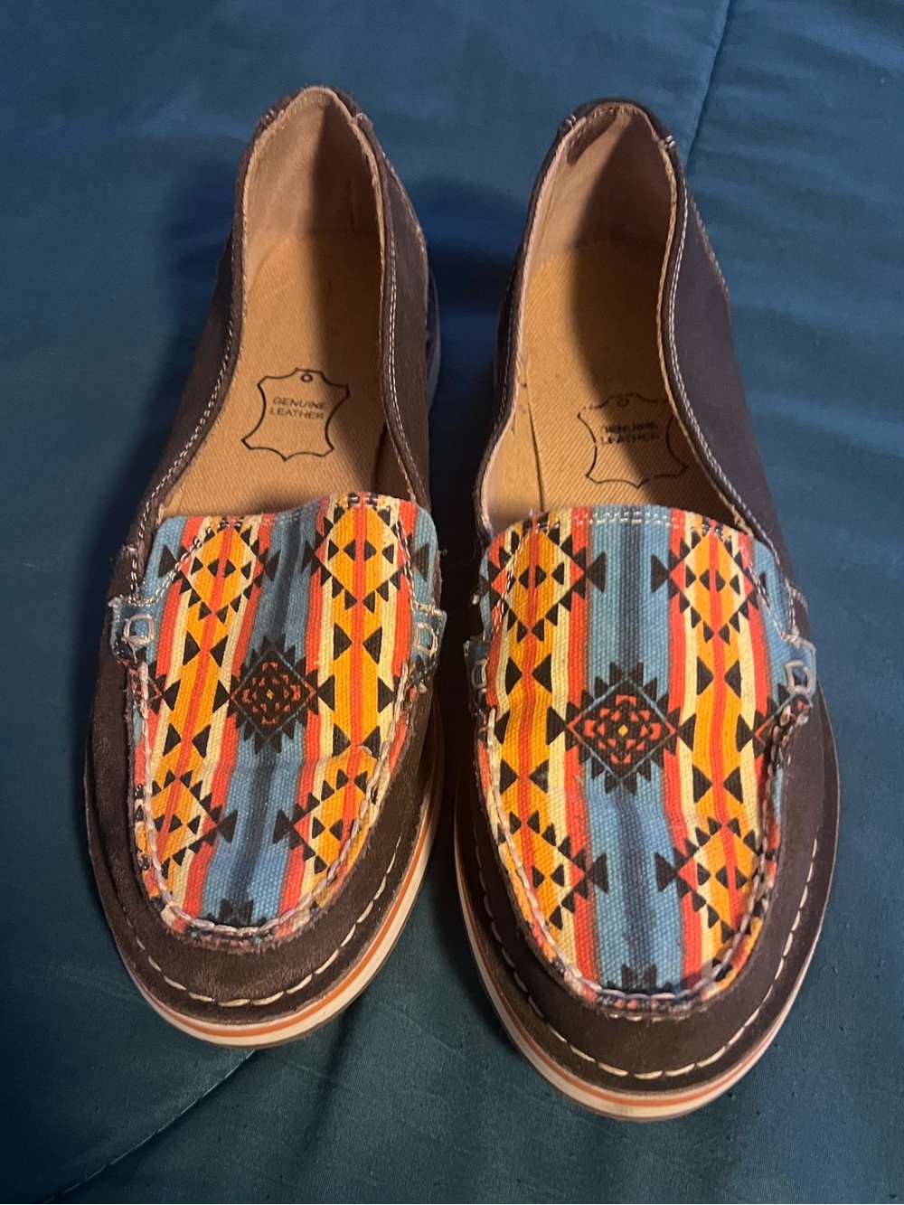 Southwestern Print Slip-On Loafers in Brown, Turquoise & Orange